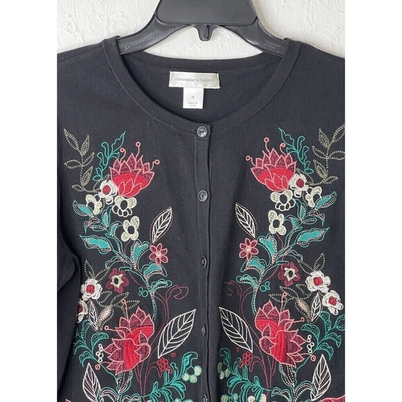 🔥 Christopher & Banks Hand Embroidered Cardigan Sweater Buttons Size M Med - Picture 2 of 9